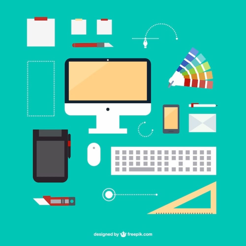 設計師的辦公套件與健身器材的平面圖像解析